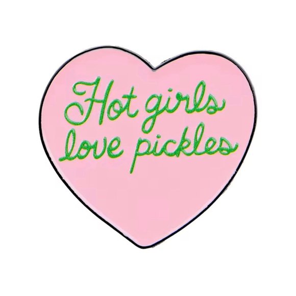 Jewelry - Pink Green "Hot Girls Love Pickles" Heart Enamel Pin